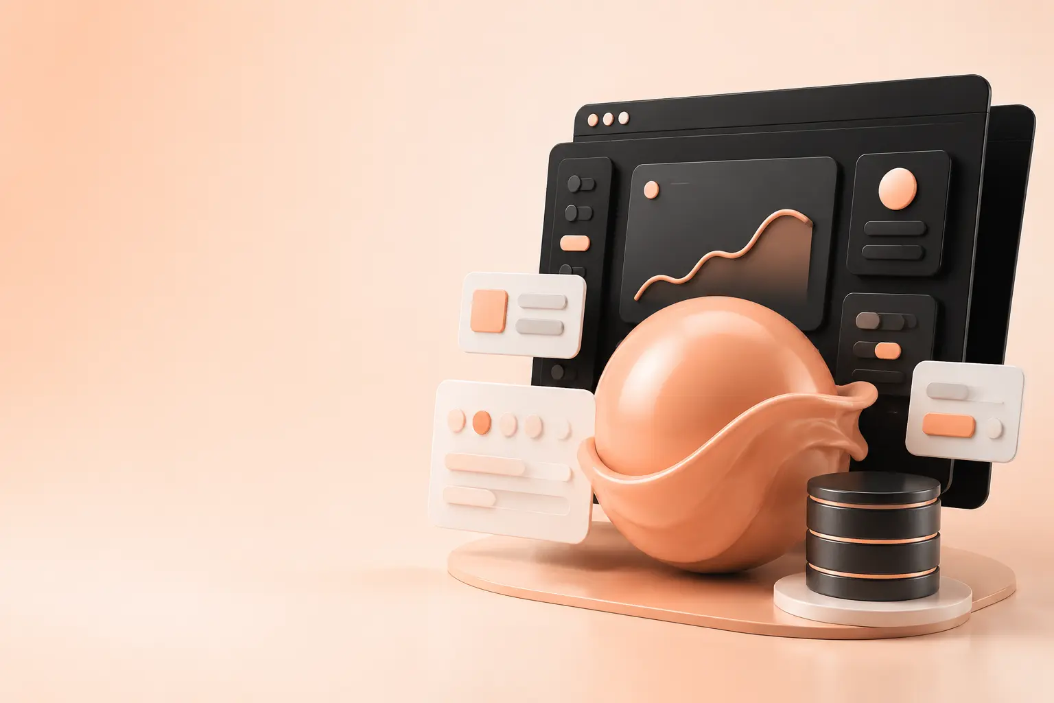 Interface web en trois dimensions dans les couleurs de Peach-E IT